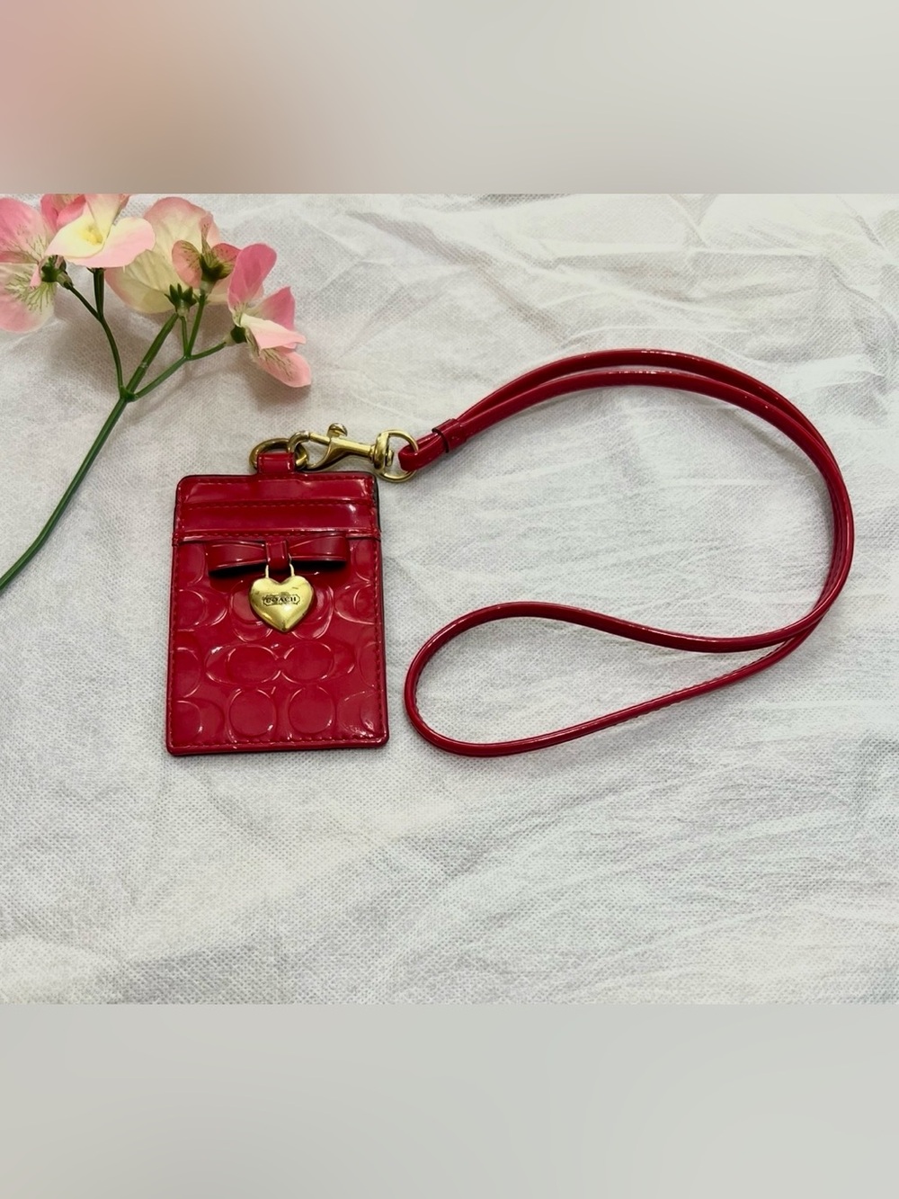 Coach Red Patent ID Lanyard with Gold Heart Charm